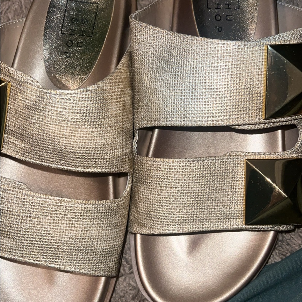 ShuShop Gold Metallic Double-Strap Slide Sandals with Pyramid Studs
